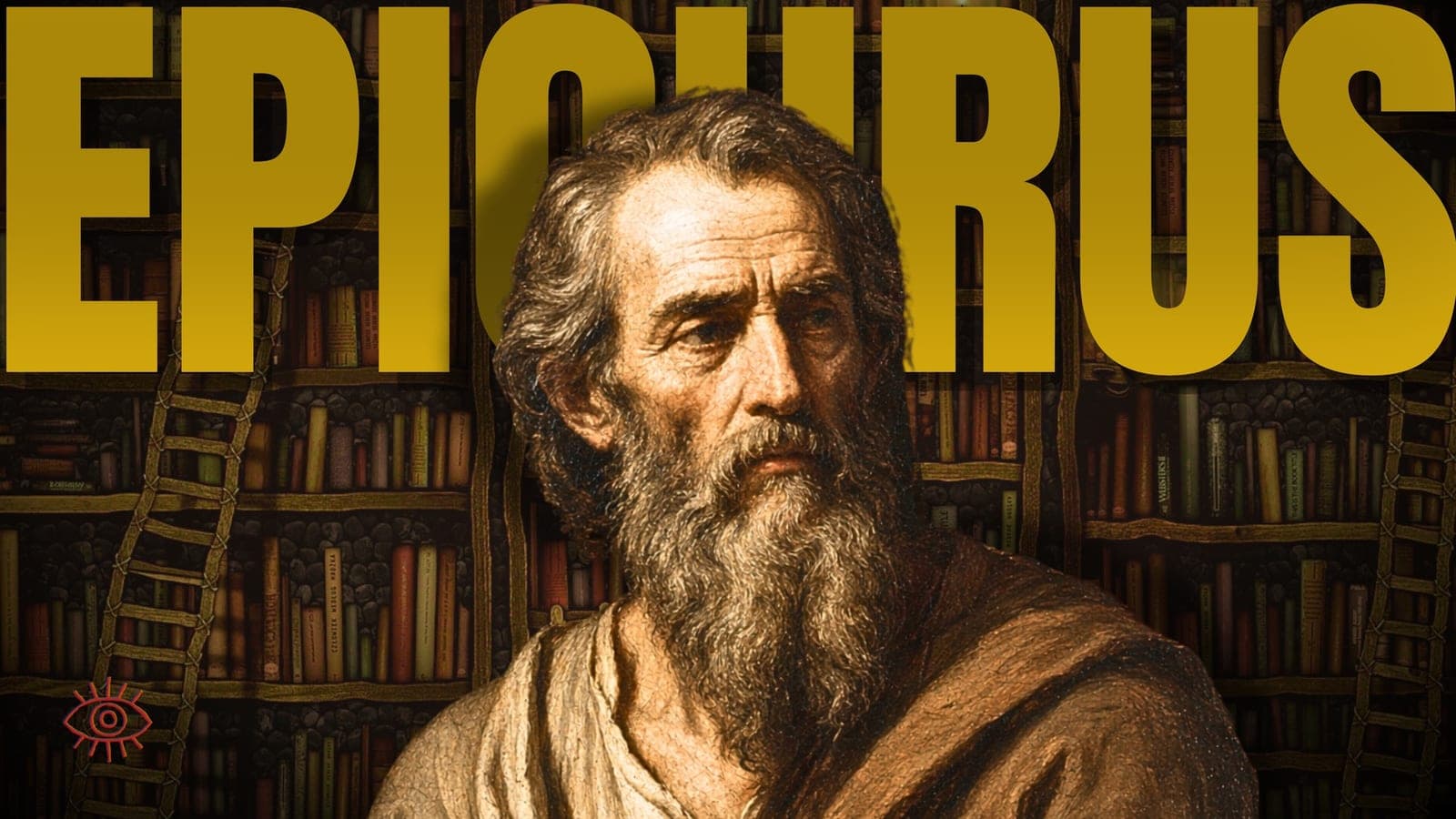 A classical portrait of Epicurus in a warm, book-lined setting, with his name displayed in gold lettering.