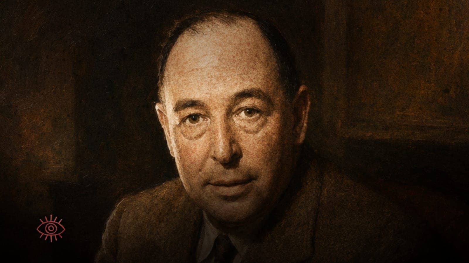 A warm oil-painted portrait of C. S. Lewis in a tweed jacket and tie, with a thoughtful, slightly melancholy expression.