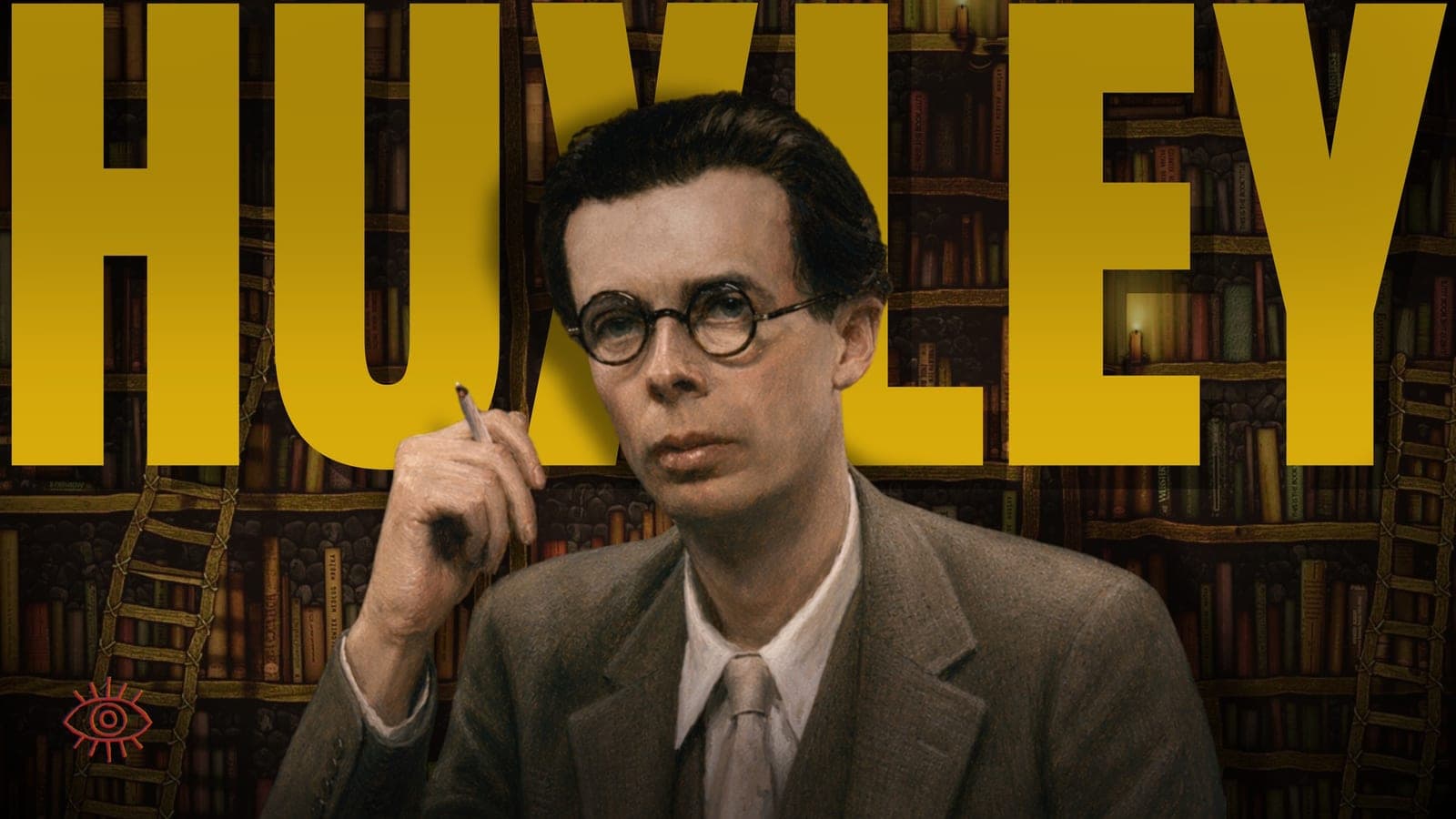 A portrait of Aldous Huxley wearing round glasses and tweed and holding a cigarette, with his name in gold lettering.