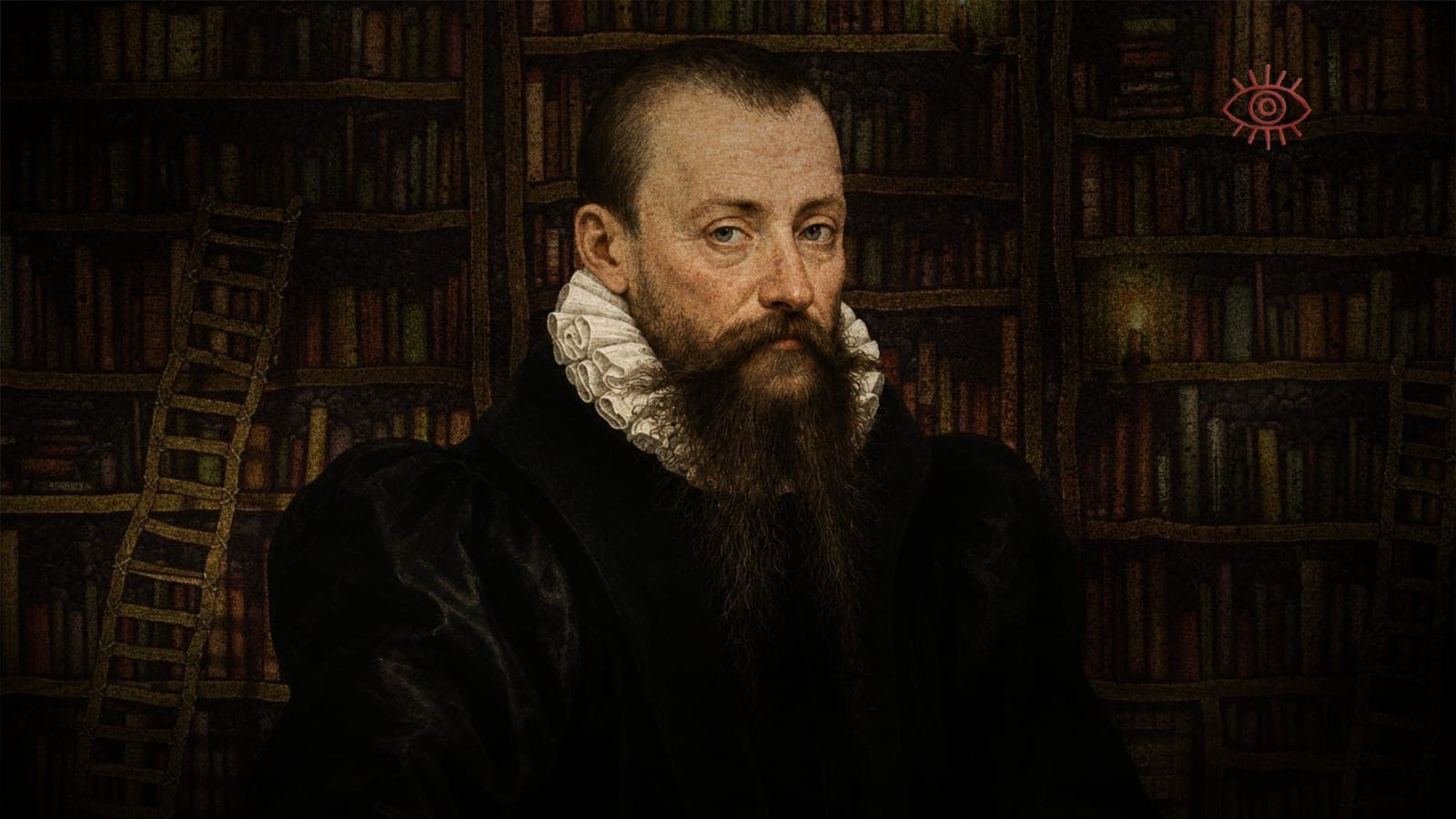 A Renaissance portrait of Michel de Montaigne in a black doublet and wide ruff collar inside a tower-like library.