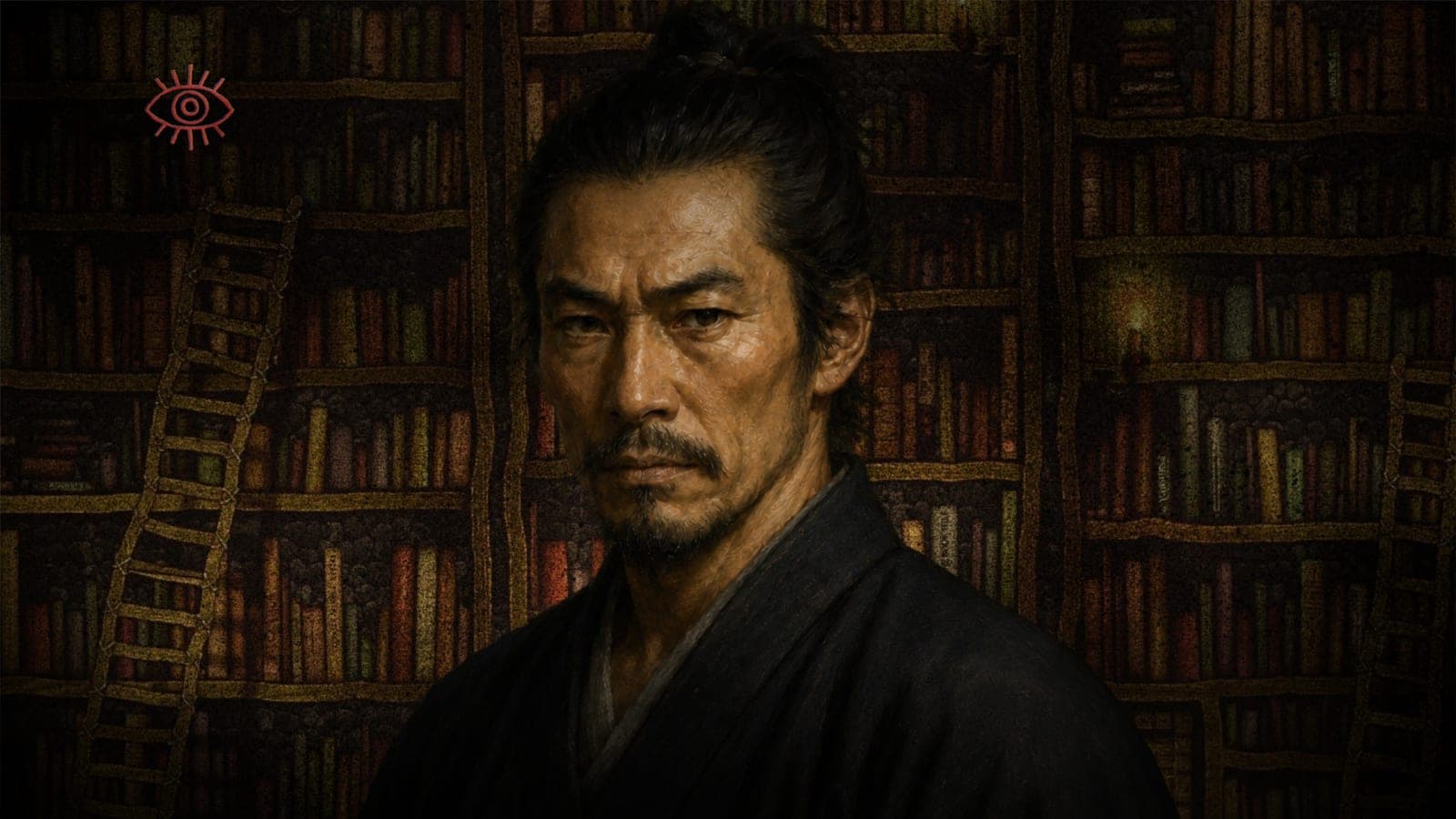 A stern portrait of Miyamoto Musashi in a traditional topknot and kimono, posed before bookshelves.