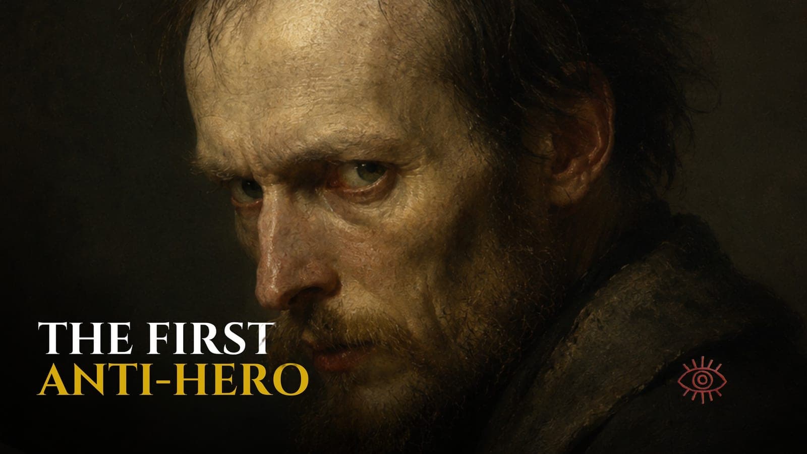 A shadowed portrait of Dostoevsky's Underground Man in a library, with the words THE FIRST ANTI-HERO.