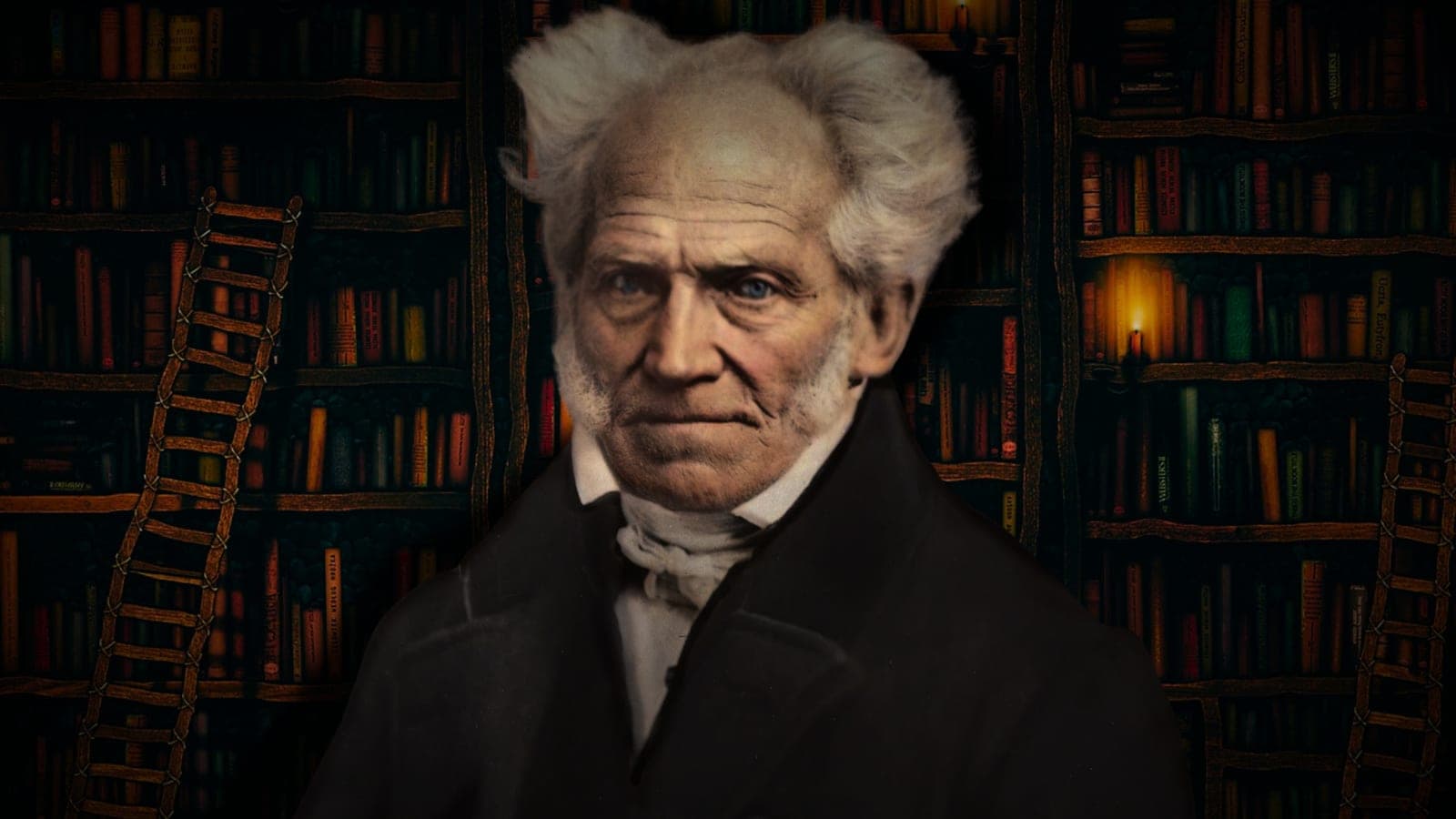 A severe portrait of Arthur Schopenhauer with wild white hair and mutton-chop sideburns against a dark background.