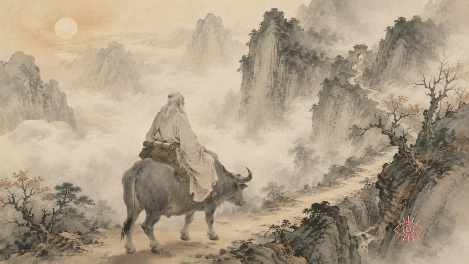 An ink-wash scene of the sage Laozi riding an ox through a misty mountain pass.