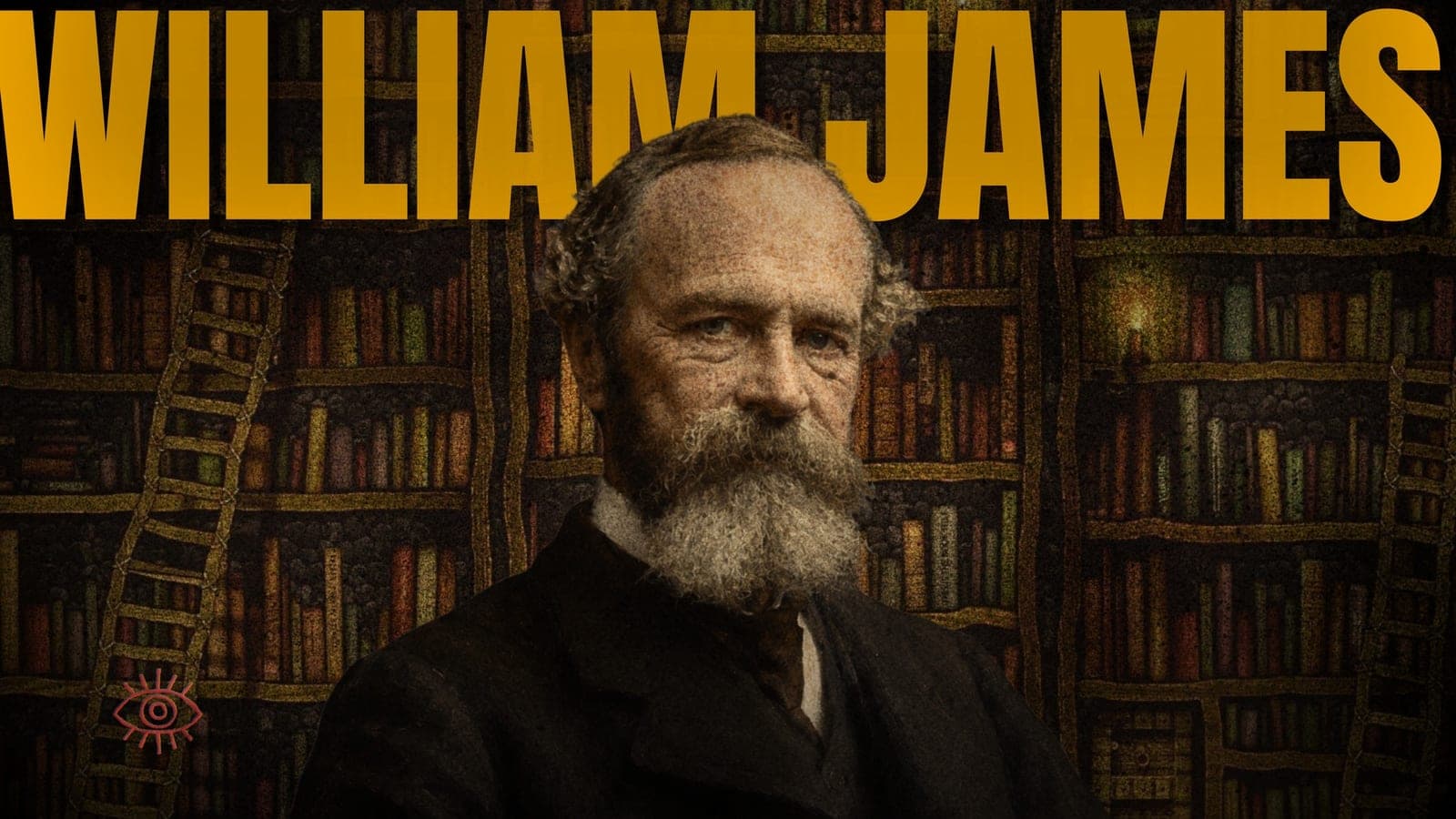 A bearded portrait of William James in a book-lined library, with his name displayed in gold lettering.